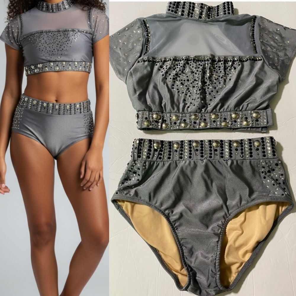 Glamour solo dance costume 2 piece gray embellished rhinestone SA adult